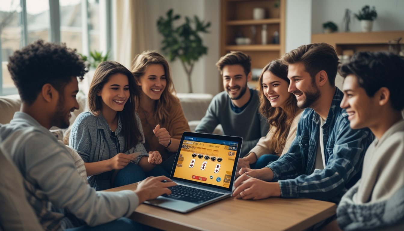 Sekelompok orang muda bermain poker online bersama di ruang tamu yang nyaman dengan laptop di meja kopi.
