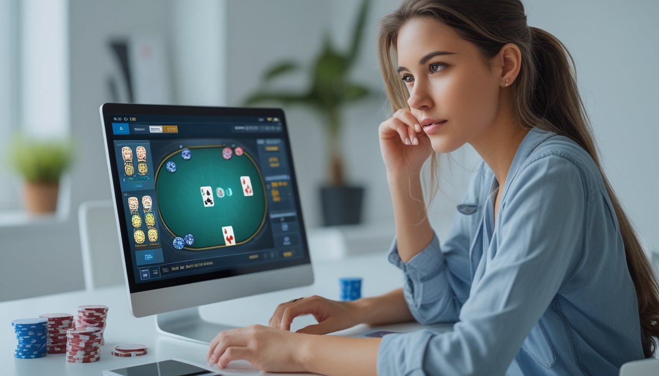 Seorang wanita muda duduk di meja dengan laptop, fokus bermain permainan poker online dengan kartu dan chip di sekitarnya.