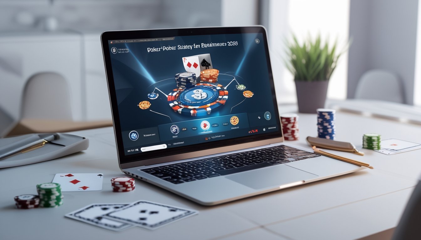 Seorang pemain sedang menggunakan komputer dengan tampilan permainan poker online, di meja terdapat kartu remi, chip poker, dan buku catatan strategi.