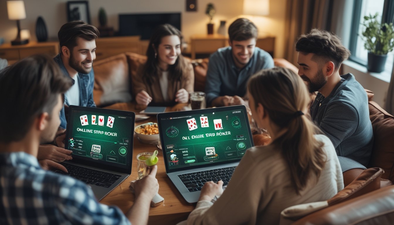Sekelompok orang muda bermain poker online secara virtual menggunakan laptop dan tablet di ruang tamu yang nyaman.