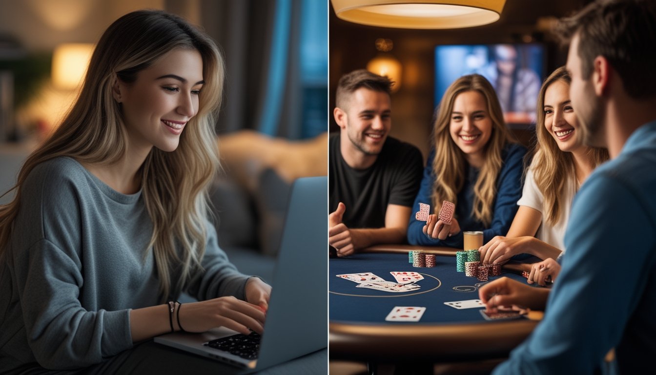 Sebuah adegan yang membandingkan permainan strip poker online dengan offline, menunjukkan seseorang bermain di laptop dan sekelompok teman bermain di meja kartu.