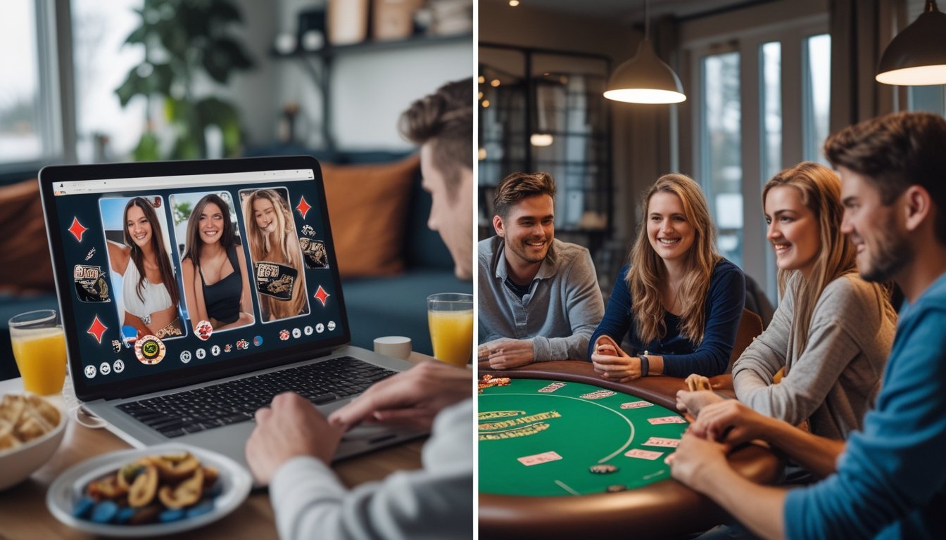 Dua kelompok teman bermain strip poker, satu secara online dengan laptop dan satu secara langsung di meja poker.