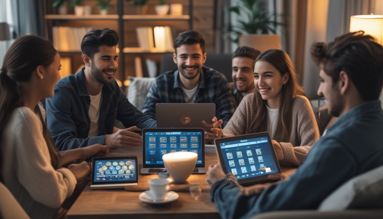 Sekelompok orang muda sedang bermain poker online bersama di ruang tamu yang nyaman dan modern.