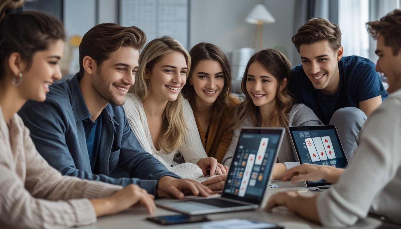 Sekelompok orang muda duduk di sekitar meja ruang tamu, bermain poker online dengan laptop dan ponsel, terlihat santai dan saling berkomunikasi.