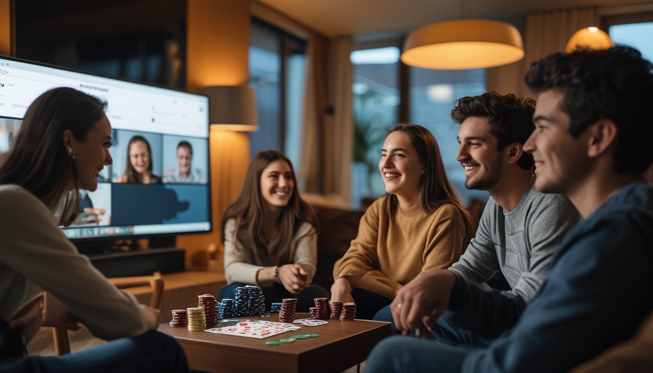Sekelompok orang muda sedang bermain poker online menggunakan video call di ruang tamu yang nyaman.