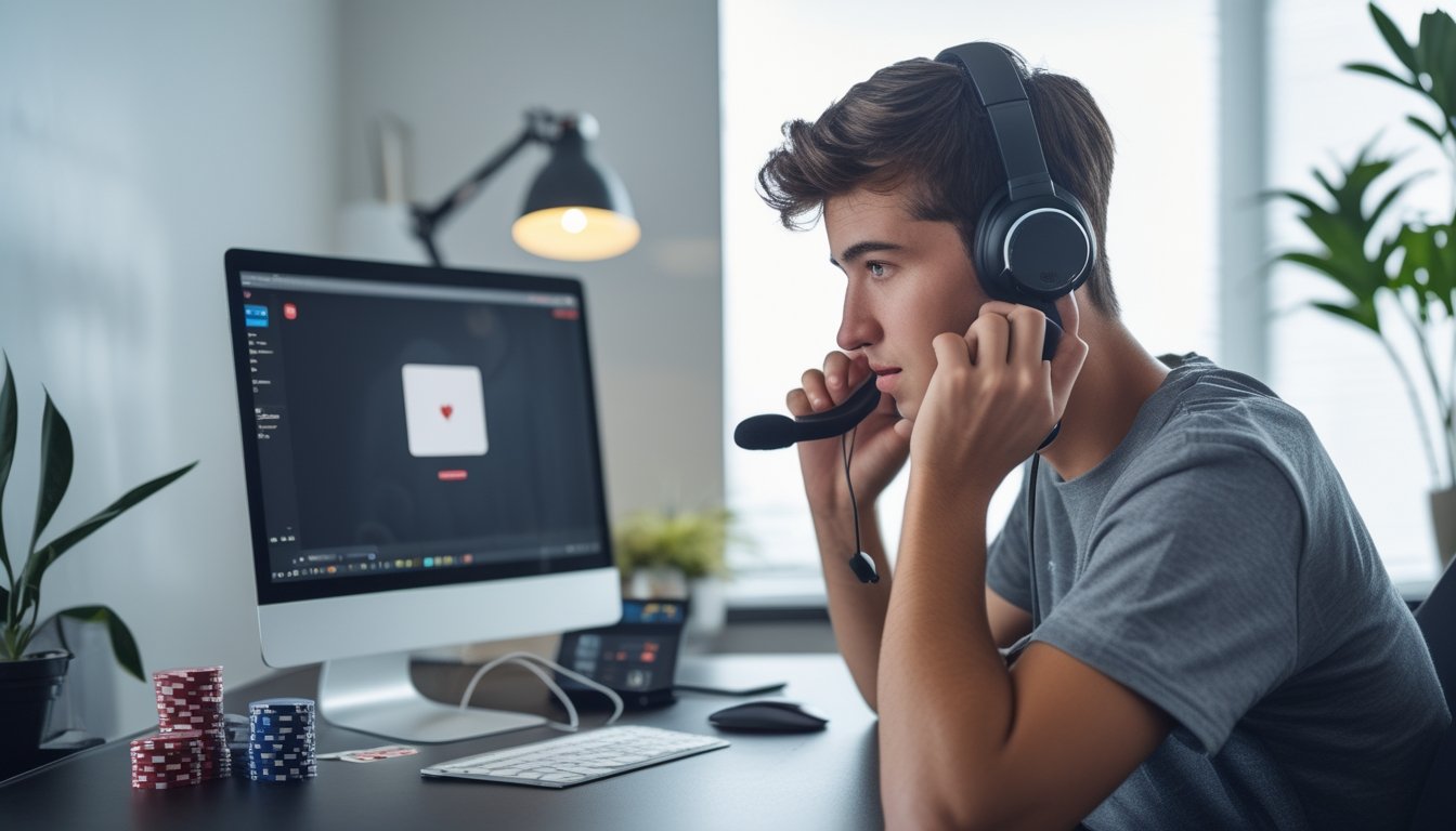Seseorang sedang menyiapkan headset di depan laptop untuk panggilan video dengan perlengkapan poker di meja.