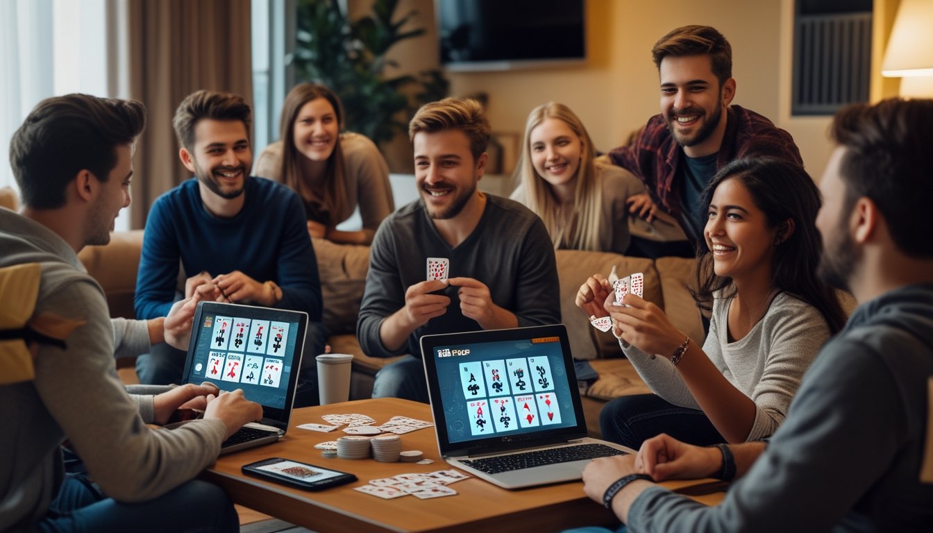 Sekelompok orang muda bermain poker online bersama di ruang tamu dengan laptop dan perangkat digital.