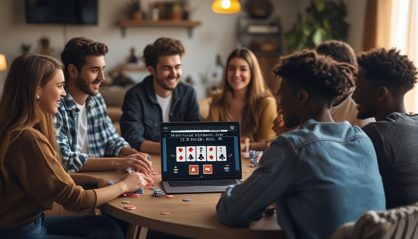 Sekelompok orang muda berkumpul di ruang tamu bermain strip poker online menggunakan laptop dengan ekspresi fokus dan santai.