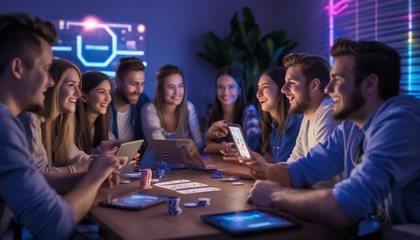 Sekelompok orang muda bermain poker online di ruang tamu dengan suasana ceria dan santai.