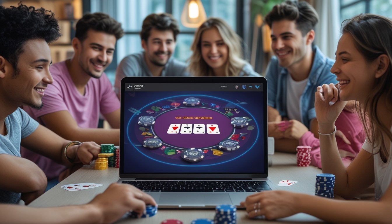 Sekelompok orang muda sedang bermain poker online dengan suasana santai dan ceria di sebuah ruangan yang nyaman.