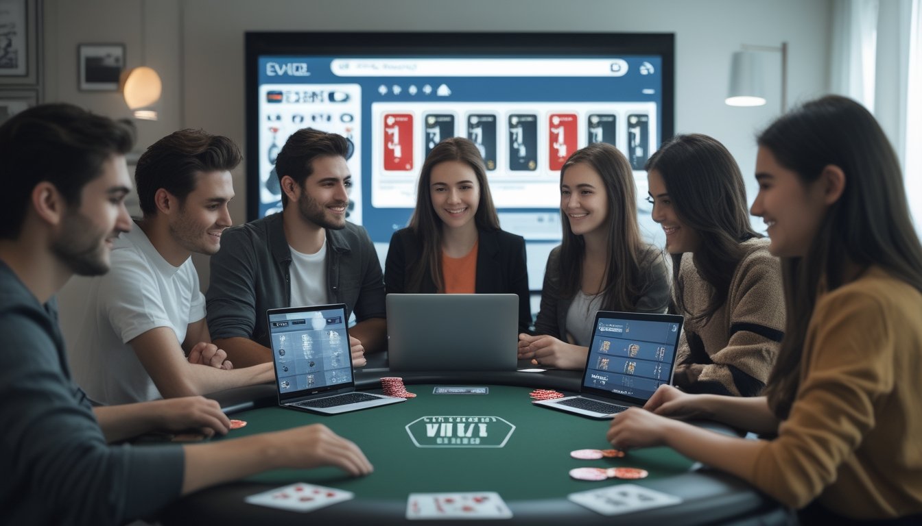 Sekelompok orang muda bermain poker online bersama di ruang tamu modern dengan perangkat digital.