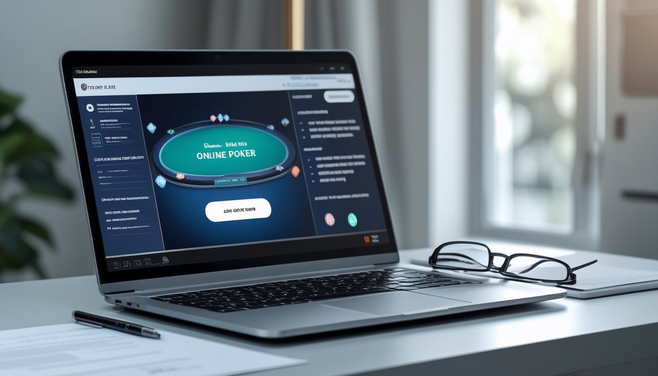 Meja kerja dengan laptop yang menampilkan antarmuka permainan poker online, dokumen hukum, dan kacamata baca di ruangan kantor yang terang.