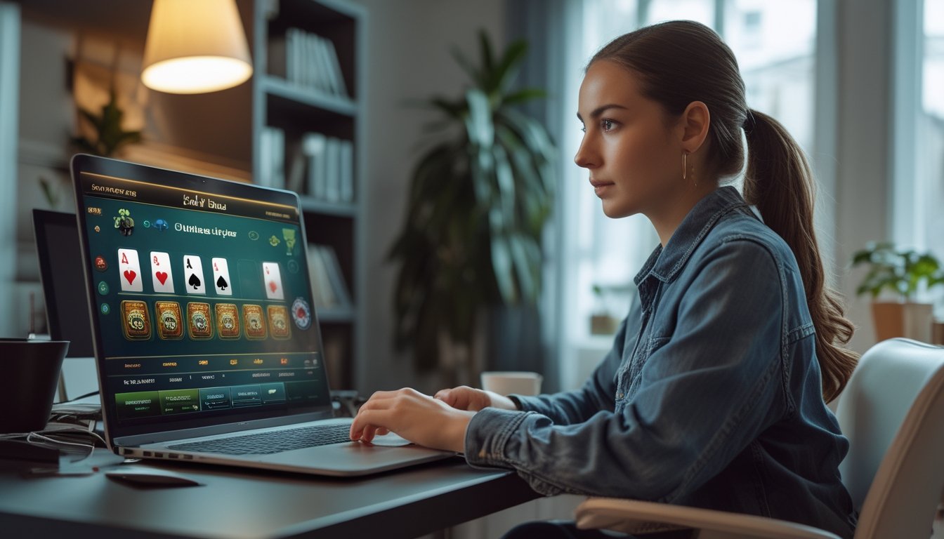 Seorang wanita muda duduk di depan laptop di ruang kerja rumah, fokus bermain poker online dengan tampilan chip dan kartu di layar.