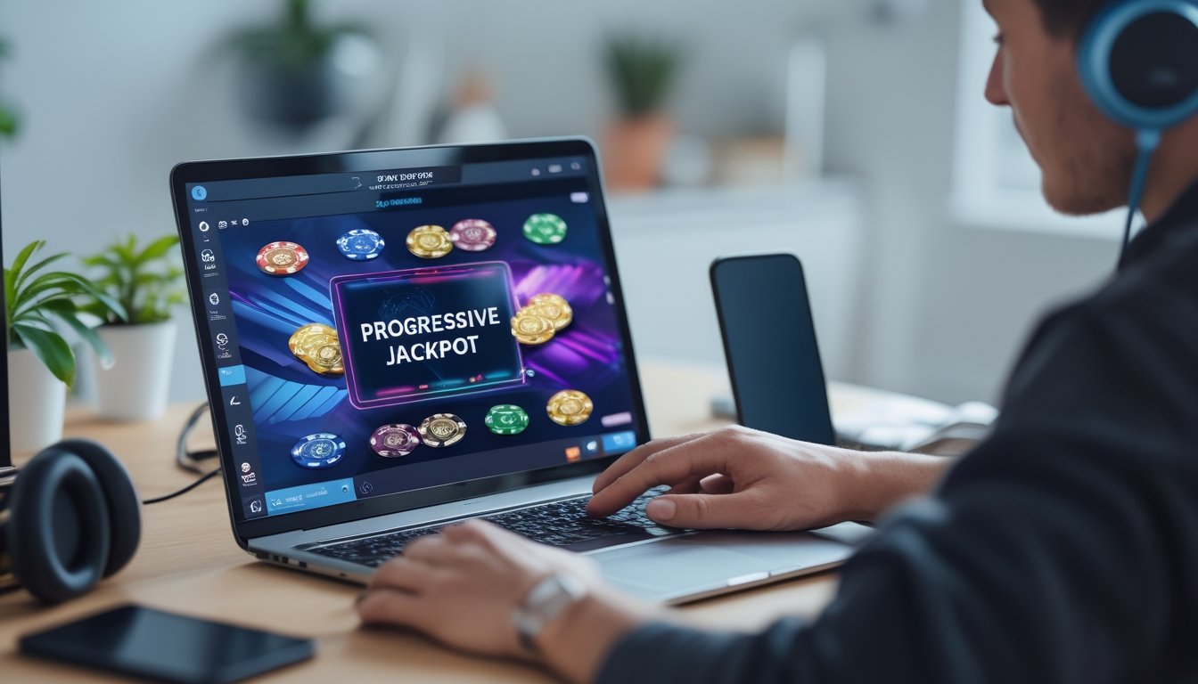 Seorang pemain poker muda sedang bermain poker online di depan layar komputer dengan tumpukan chip poker di meja.
