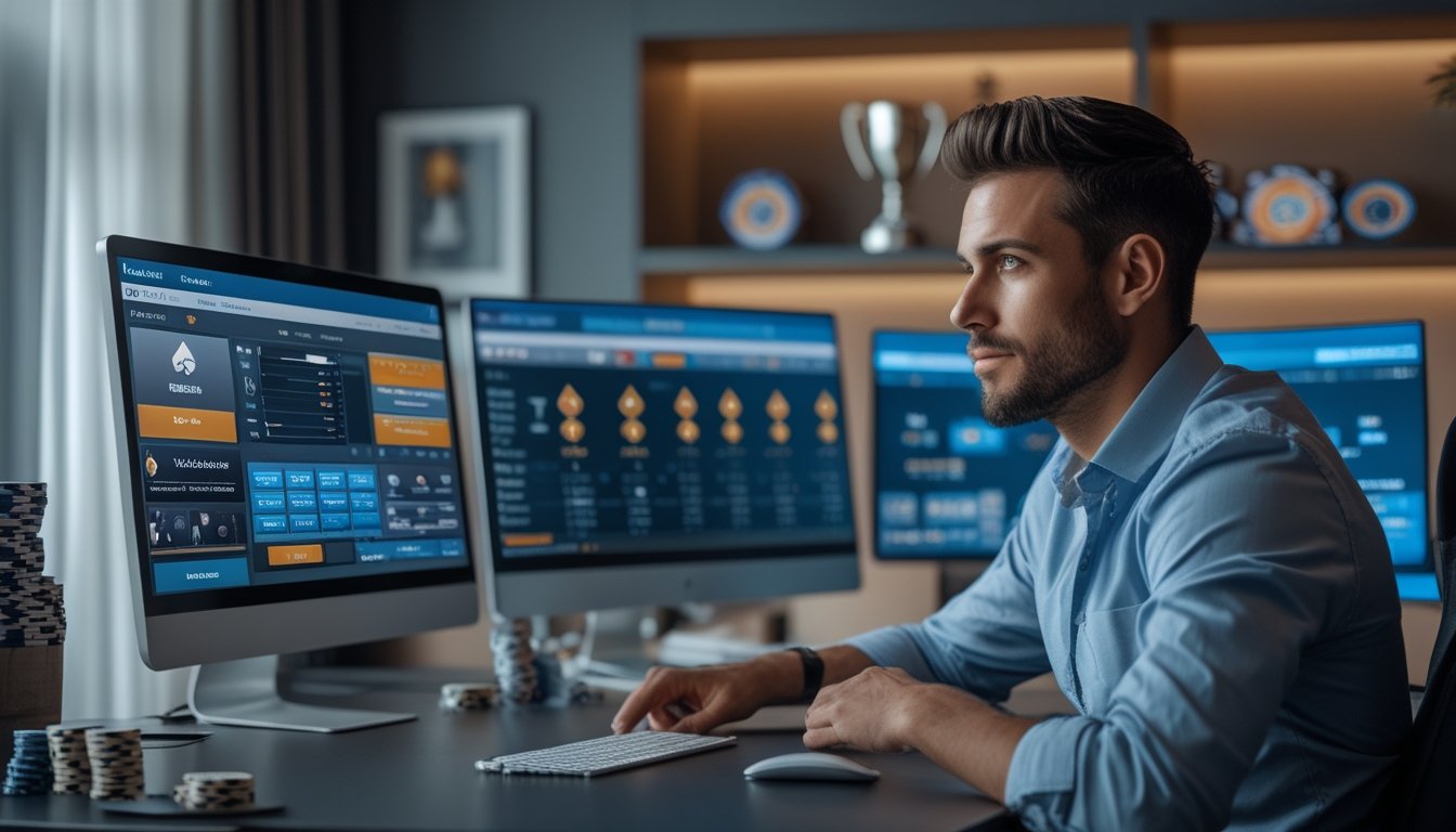 Seorang pria duduk di meja dengan beberapa layar komputer yang menampilkan permainan poker online dan grafik jackpot progresif, tampak fokus menganalisis strategi.