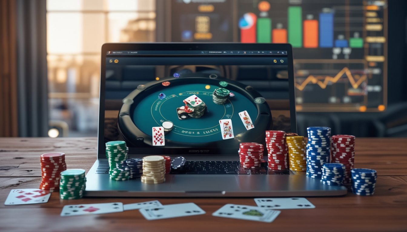 Seorang pemain poker online menggunakan laptop dengan tumpukan chip dan kartu di meja kayu, menampilkan suasana strategi menang jackpot progresif.