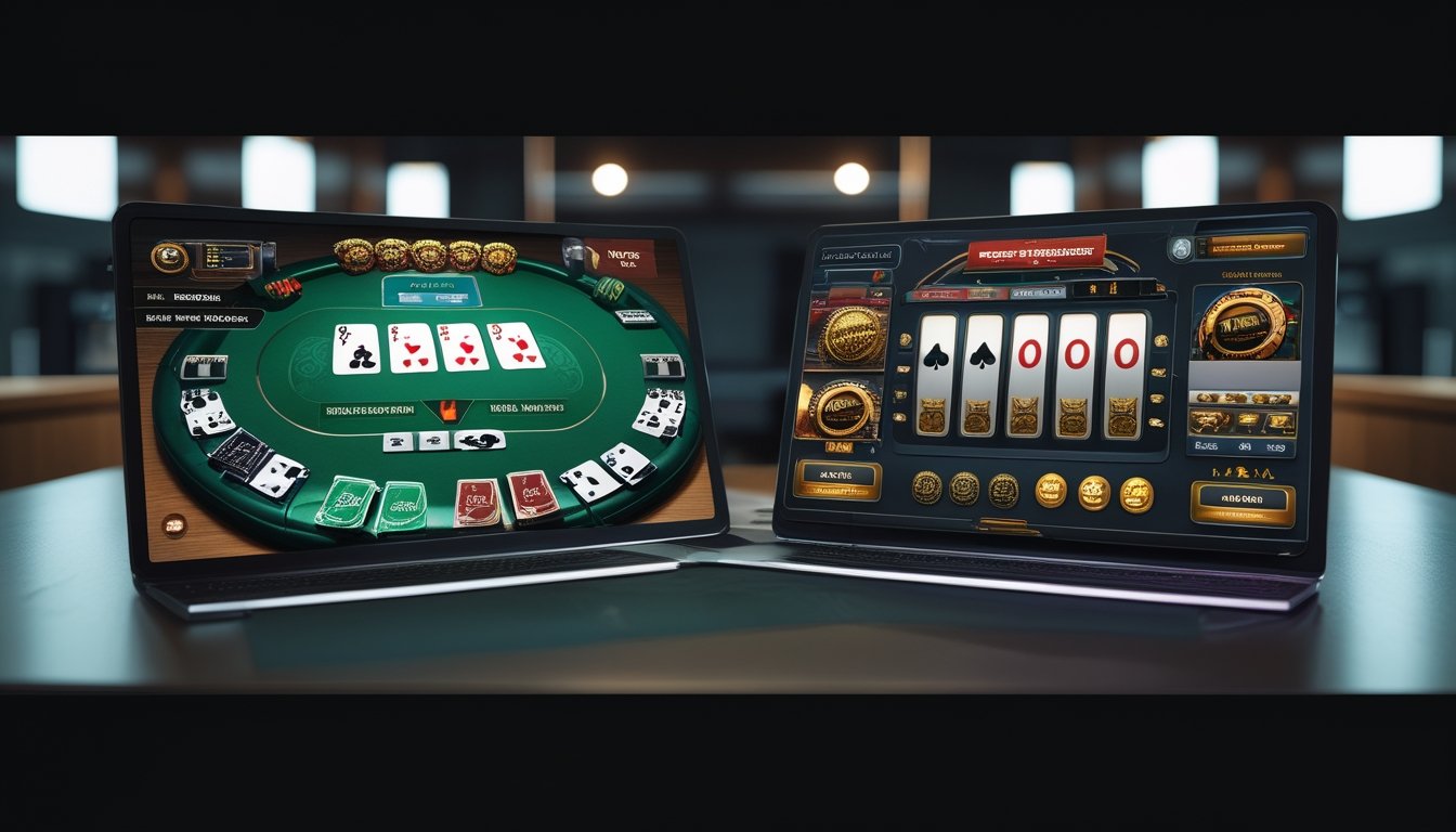 Dua layar poker online berdampingan, satu menampilkan permainan Texas Hold'em biasa dengan kartu dan chip, yang lain menampilkan Progressive Poker dengan meter jackpot dan grafik warna-warni.