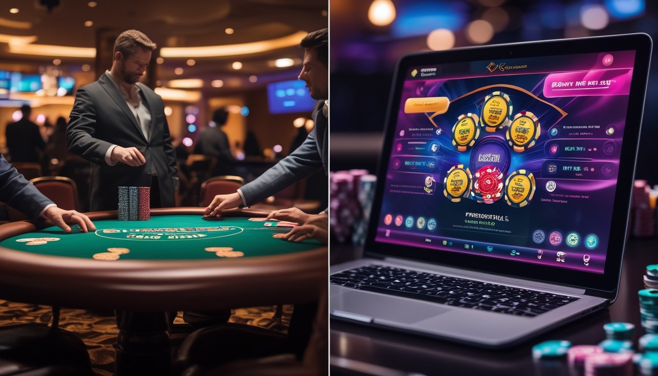 Gambaran perbandingan antara permainan poker Texas Hold'em tradisional dengan poker online progresif, menampilkan meja poker fisik dan layar perangkat digital dengan permainan poker.