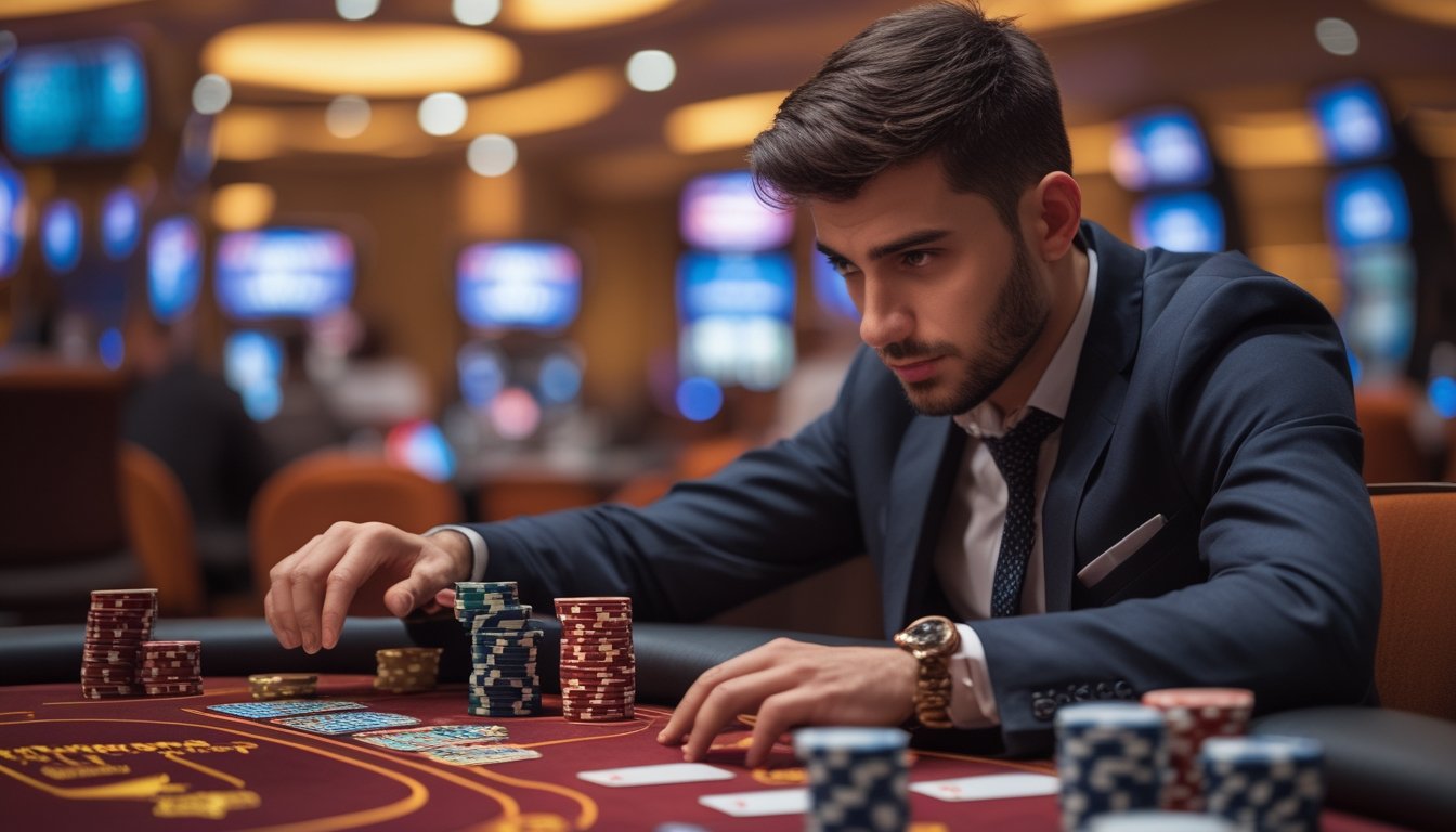 Seorang pemain poker fokus duduk di meja poker dengan kartu dan chip, di dalam kasino dengan pencahayaan hangat.