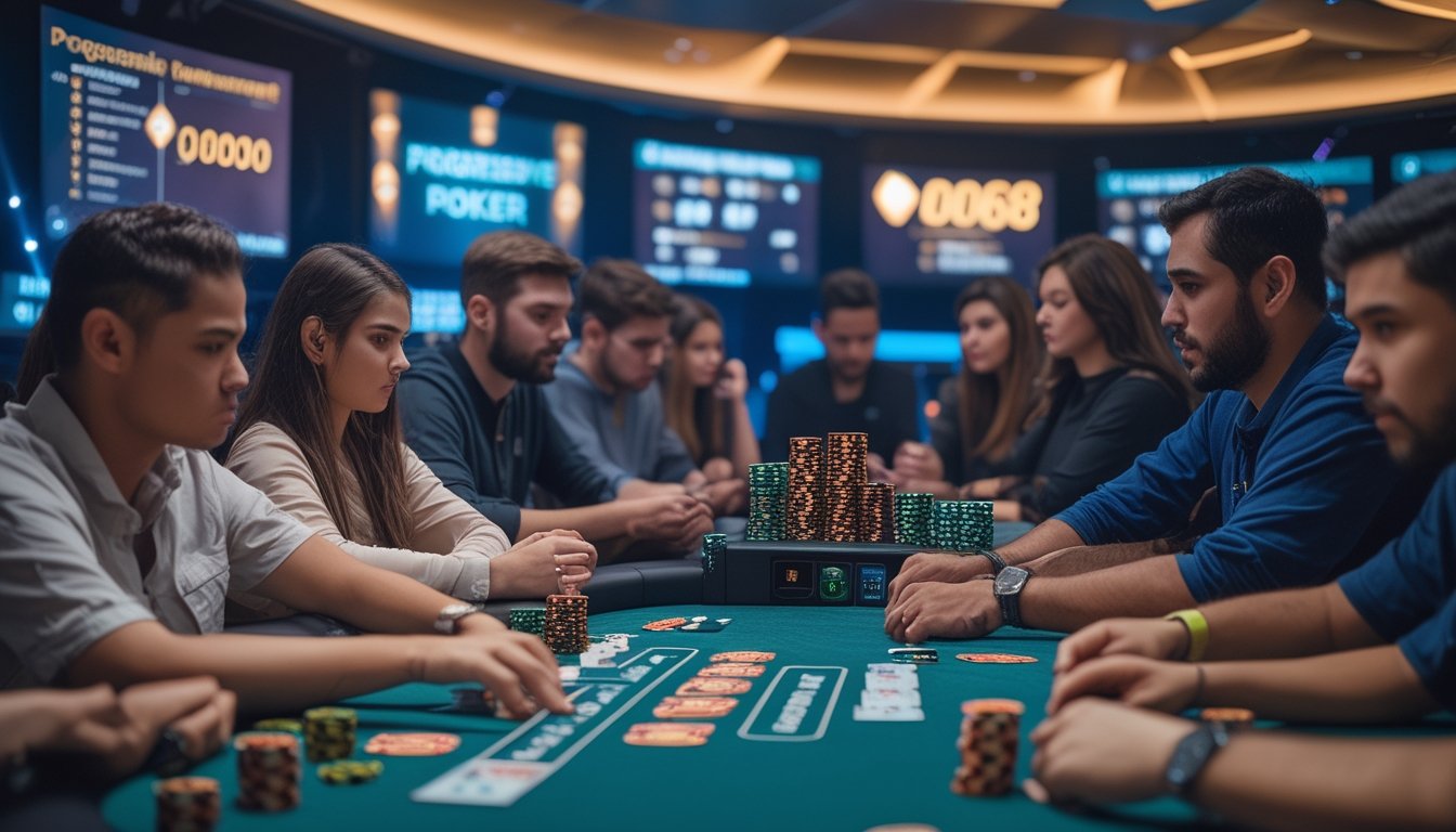 Sekelompok pemain poker serius sedang bermain di meja poker dengan chip dan kartu, suasana turnamen yang kompetitif.