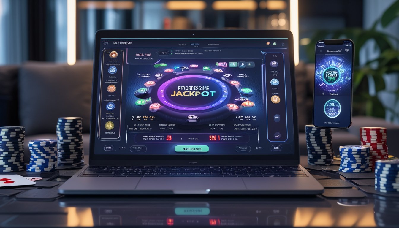 Seorang pemain poker online menggunakan laptop dengan chip poker dan kartu di meja dalam ruangan modern.