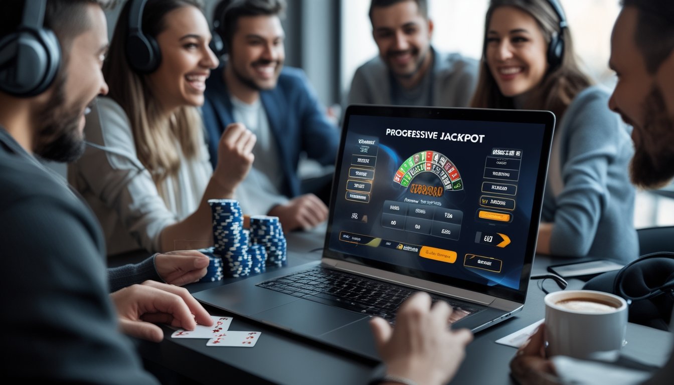 Beberapa orang bermain poker online di depan laptop dengan grafik jackpot progresif yang terlihat di layar.