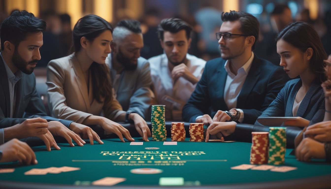 Beberapa orang sedang bermain poker di meja hijau dengan chip dan kartu, terlihat serius dan fokus pada permainan.