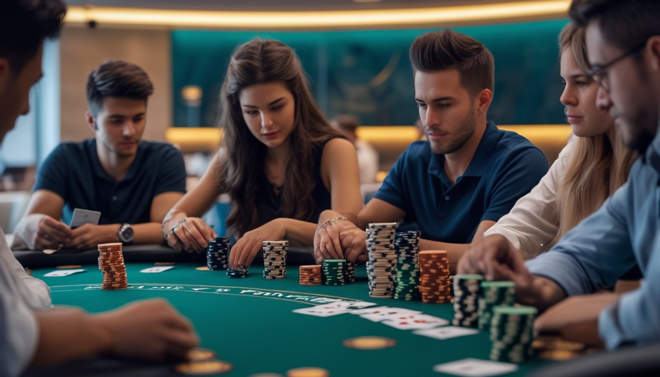 Sekelompok orang bermain poker di meja dengan kartu dan chip, fokus pada permainan dan suasana kasino.