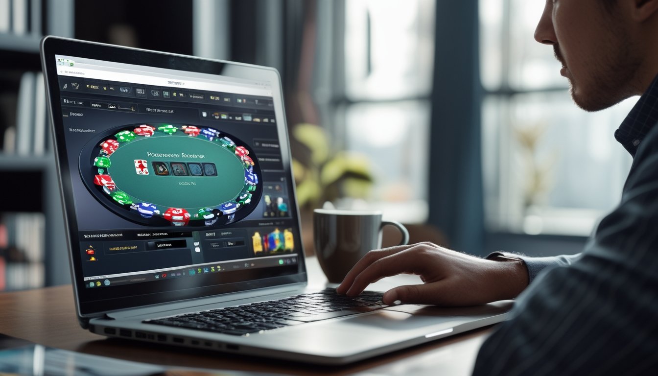 Seorang pria duduk di meja kerja dengan laptop yang menampilkan permainan poker online, terlihat fokus dan menganalisis permainan.