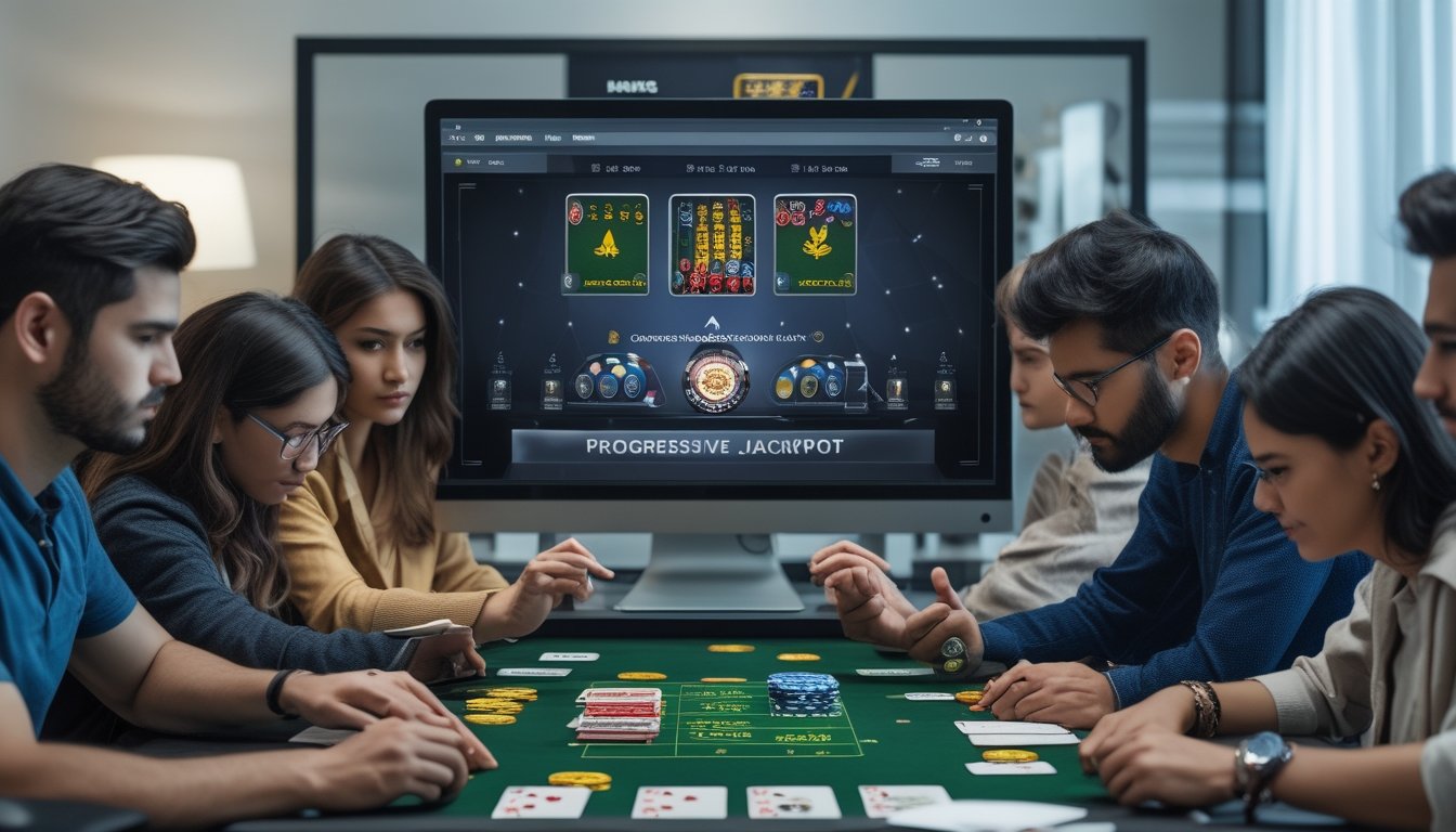 Seorang pemain poker online serius bermain di depan komputer dengan meja poker digital dan chip warna-warni di layar.