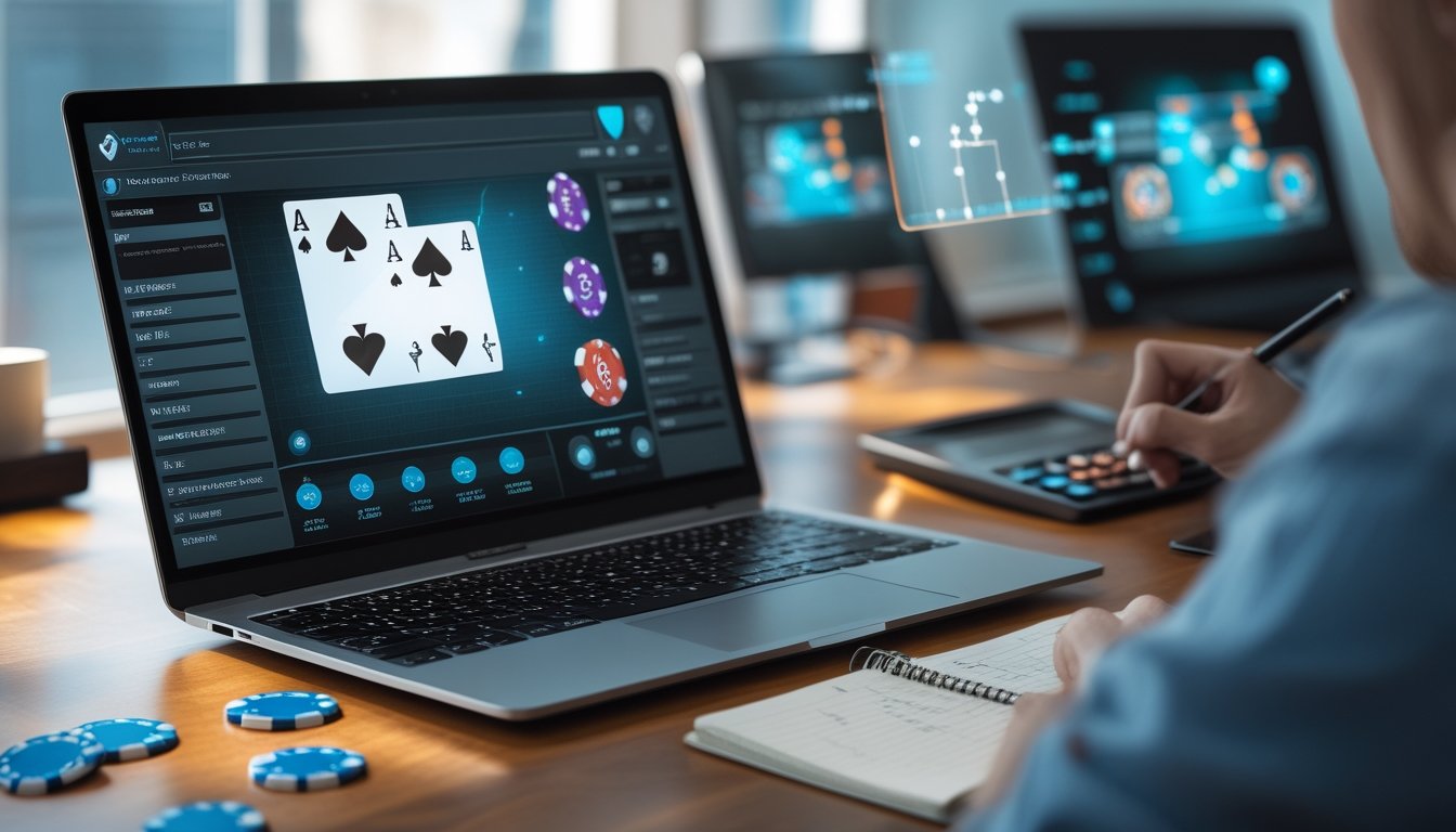 Seorang pria duduk di depan laptop dengan permainan poker online di layar, sambil menggunakan kalkulator dan mencatat, di meja terdapat chip poker dan kartu bermain.