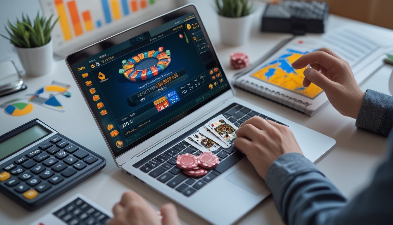 Tampilan permainan poker online di layar komputer dengan chip poker dan kartu, serta alat hitung dan grafik di sekitar meja kerja.