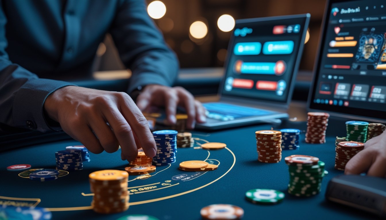 Tangan pemain sedang mengatur chip poker di meja poker online dengan perangkat digital di latar belakang.