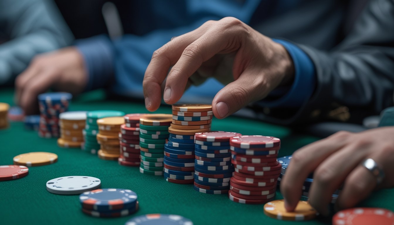 Tangan pemain sedang mengatur tumpukan chip poker di meja hijau saat permainan poker berlangsung.