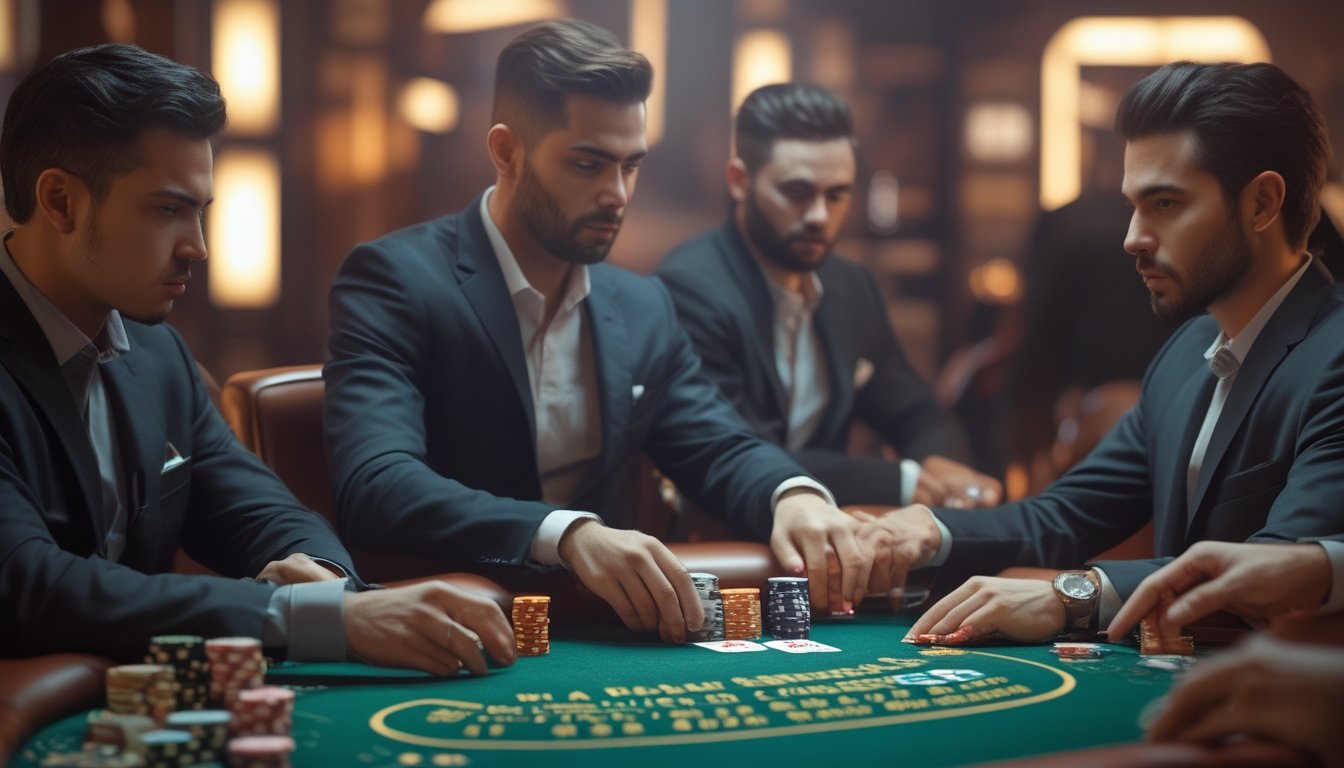 Meja poker dengan pemain profesional yang serius bermain Texas Hold'em Bonus Progressive Poker, dengan tumpukan chip dan kartu yang sedang diedarkan.