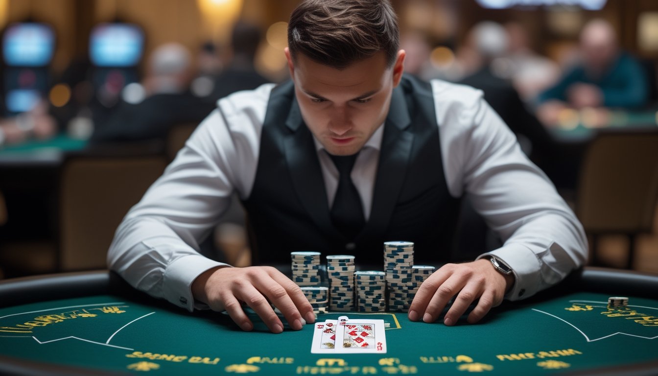 Seorang pemain poker profesional sedang fokus bermain Texas Hold'em di meja poker dengan chip dan kartu yang terlihat jelas.