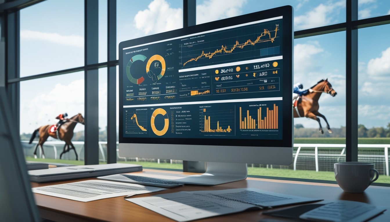 Sebuah meja kerja dengan komputer yang menampilkan grafik dan data statistik kuda balap, dengan latar belakang trek balap dan kuda sedang berlari.