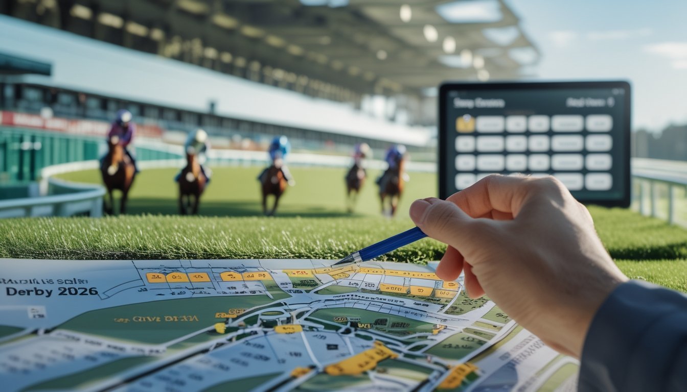 Tangan menunjuk pada peta posisi stall kuda di lintasan balap Epsom Derby dengan latar belakang balapan kuda yang sedang berlangsung.