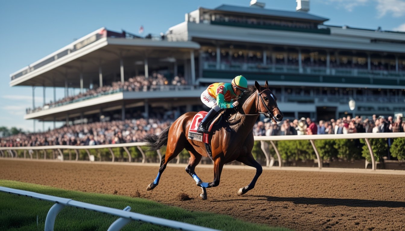 Seekor kuda pacu dengan joki berwarna-warni berlari kencang di lintasan balap Kentucky Derby dengan penonton ramai di tribun belakang.
