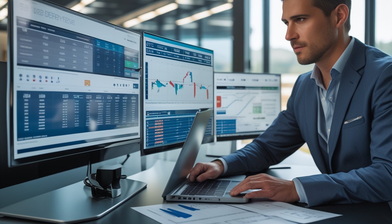 Seorang pelatih balap kuda sedang menganalisis data rekam jejak kuda di sebuah kantor modern dengan layar digital dan gambar kuda berlari di latar belakang.