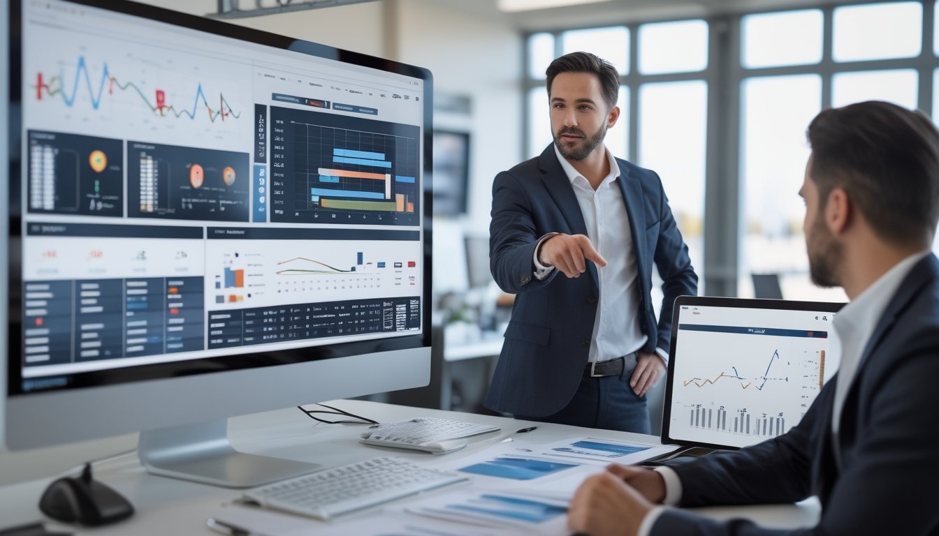 Seorang analis data sedang menunjukkan grafik dan statistik balap kuda di depan komputer di kantor yang terang dan modern.
