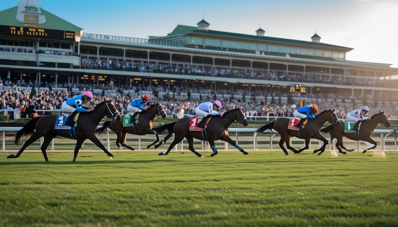 Lomba kuda di lintasan Kentucky Derby dengan penonton ramai dan joki mengenakan pakaian warna-warni.