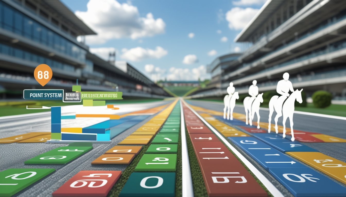 Ilustrasi sistem poin dan proses kualifikasi peserta Kentucky Derby 2026 dengan grafik dan ikon kuda serta joki di latar balapan.