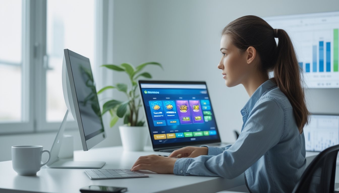 Seorang wanita muda duduk di meja dengan laptop, fokus melihat layar permainan slot online di ruang kerja rumah yang terang dan rapi.