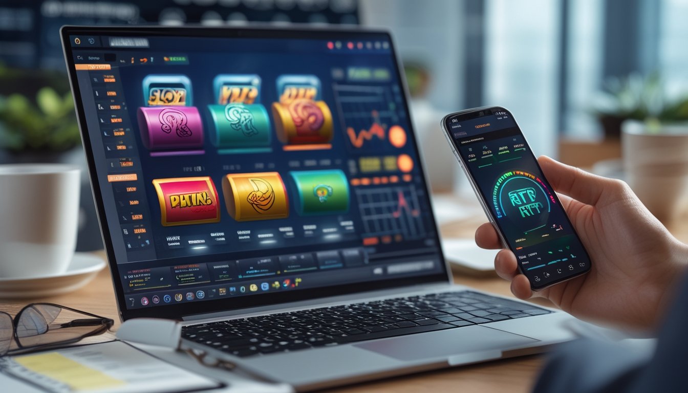 Seorang pemula sedang menggunakan laptop dan ponsel untuk memeriksa statistik RTP slot online di meja kerja dengan kopi dan catatan.