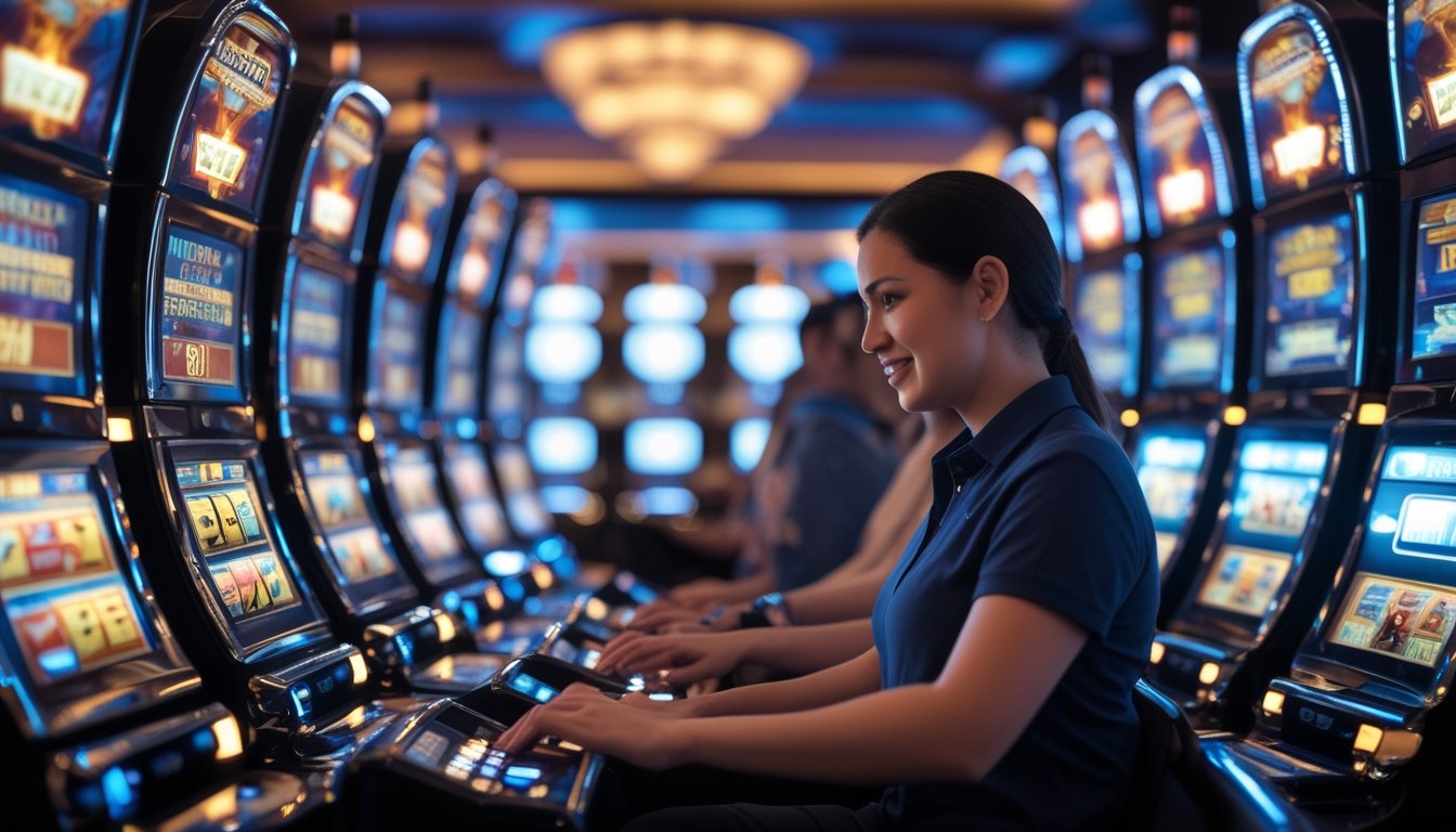 Seorang pemain sedang menggunakan mesin slot di kasino modern dengan deretan mesin slot berwarna-warni di latar belakang.