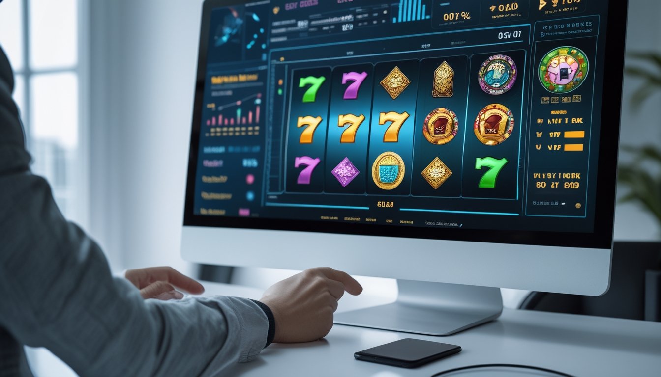 Tampilan layar komputer dan ponsel yang menunjukkan permainan slot online dengan latar belakang grafik data dan tangan yang sedang menggunakan ponsel.