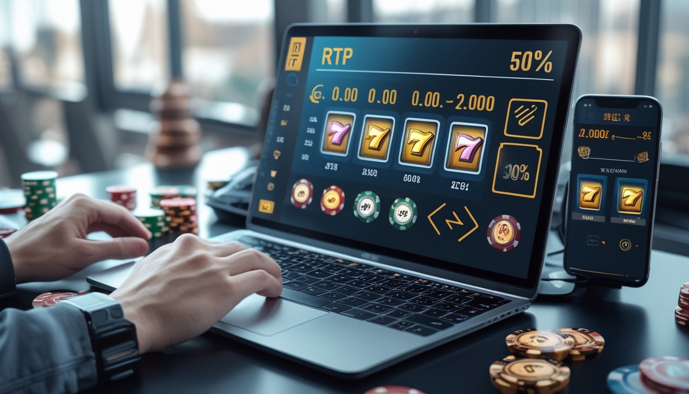 Meja kerja dengan laptop yang menampilkan ikon permainan slot, termasuk chip poker dan kartu, dengan grafik RTP di latar belakang.