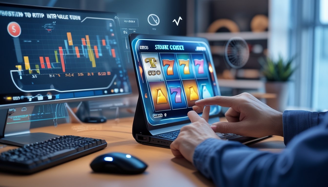 Seseorang sedang menggunakan komputer dengan tampilan permainan slot online dan grafik statistik di sekitarnya.