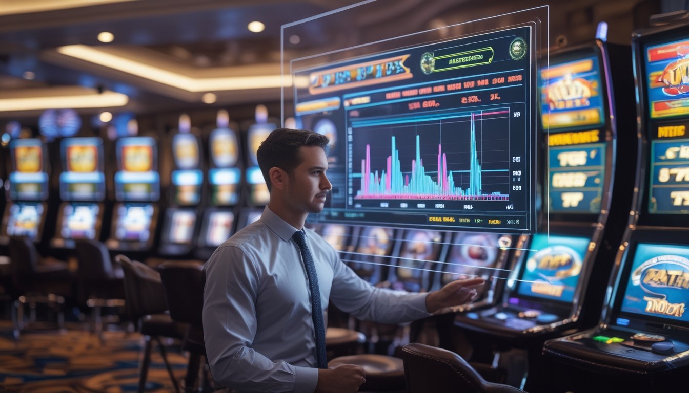Seorang pria sedang menganalisis data persentase RTP langsung pada layar digital di kasino dengan mesin slot di latar belakang.